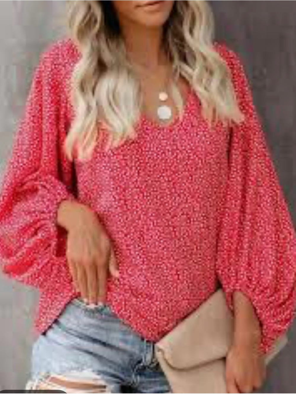 VICI Red Printed V-Neck Balloon Sleeve Blouse